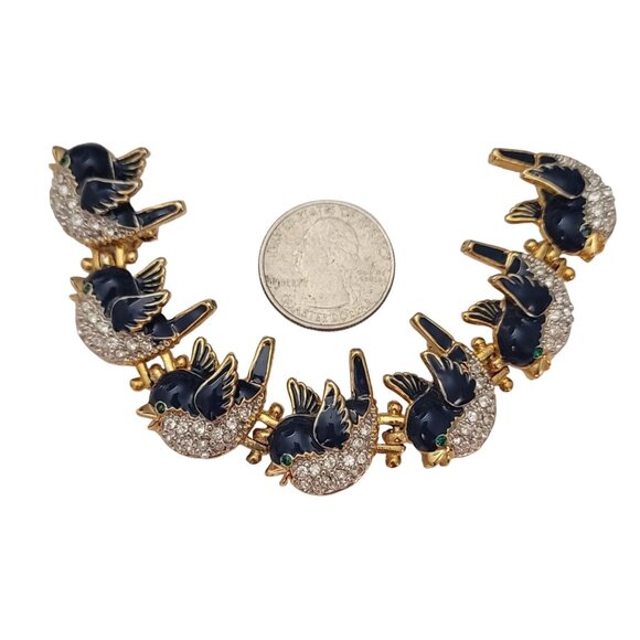 Gold Tone Blue Enamel Clear Rhinestone Blue Bird Links Shoulder Brooch E786 - Picture 7 of 8